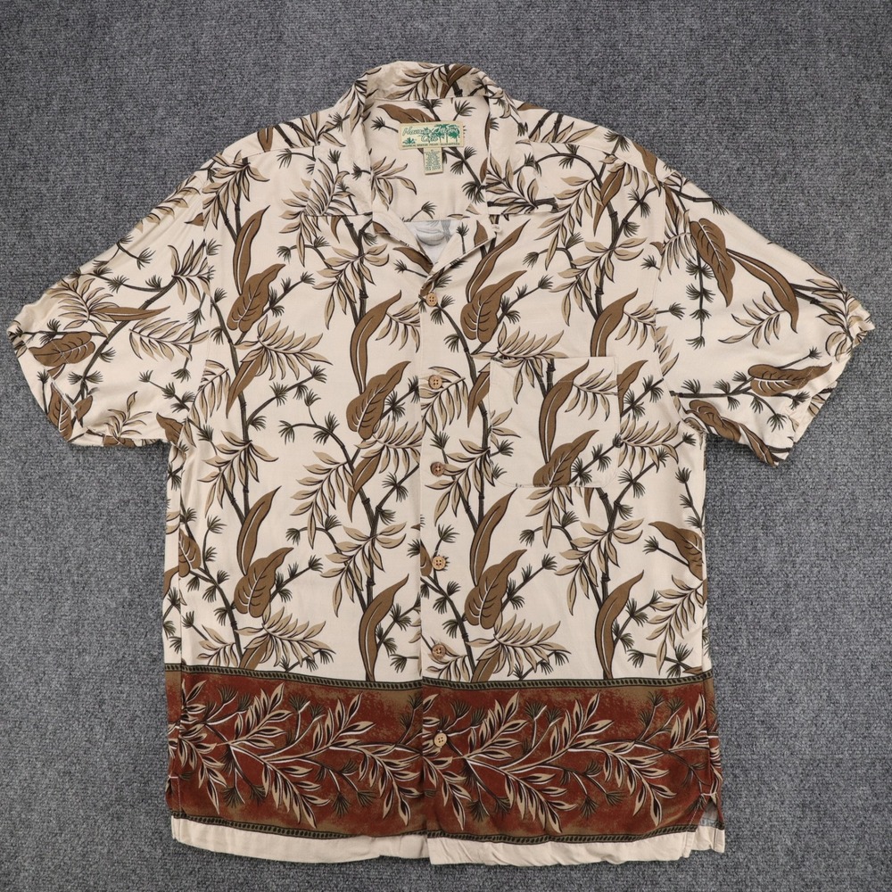 Havana Jacks Cafe Mens Tropical Leaf Rayon Button‎ Front Hawaiian Shirt Cream S